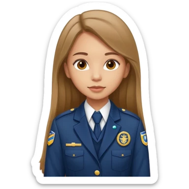 Young girl, long brown straight hair, wearing uniform jacket with hotel name badge, tasteful scarf, stand behind the desk

 sticker