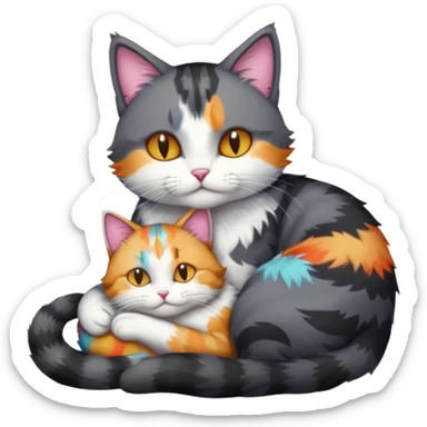 full body large dark grey and white cat cuddling a colourful light patched calico + white tabby cat  sticker