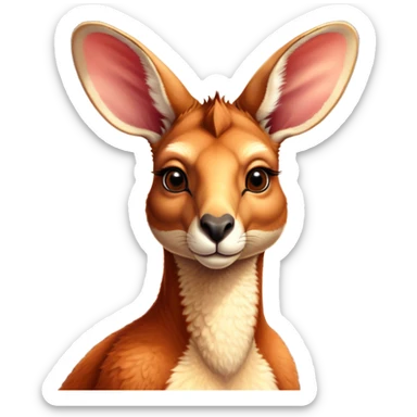 Cinematic Noble Adult Red Kangaroo Portrait Emoji, Poised and regal, with a robust, muscular build, tawny reddish fur, and a distinctive red kangaroo-shaped head featuring a slightly elongated snout, prominent ears, and keen, observant eyes, Simplified yet sharp and sophisticated features, highly detailed, glowing with a warm, sunlit glow, high shine, intelligent and commanding, stylized with an air of outback authority, focused and vigilant, soft glowing outline, capturing the essence of a watchful guardian that seems ready to bound out of the screen with effortless power! sticker