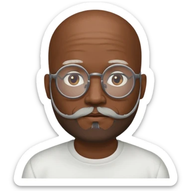 African american male, bald, salt and pepper beard. Round face, glasses sticker