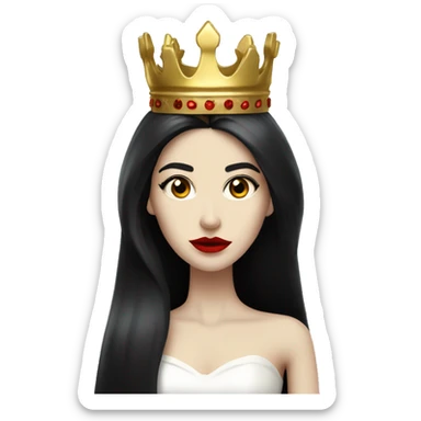 Queen with pale skin, long black hair, bright red lips, skinny gold crown, white dress, and evil stare.  sticker