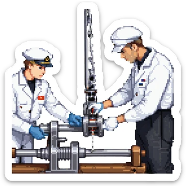 Russian sailor operating winch to collect marine geology samples and scientists in laboratory examining sediment cores sticker