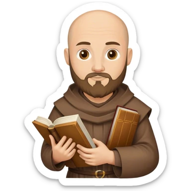 A medieval monk with a 3 day beard and a book sticker