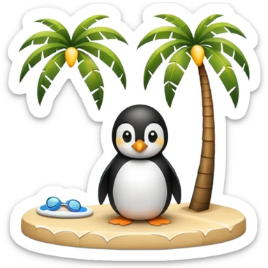 a penguin sitting by a palm tree and pool at the seaside with waves sticker