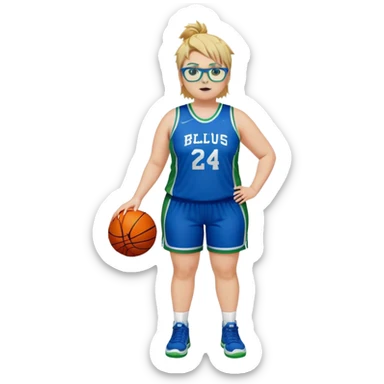 Full Body white plus size Girl with basketball spikey short brown and blonde hair  wearing blue glasses with green eyes wearing blue and green basketball uniform sticker