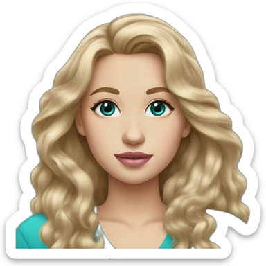 white girl with long wavy dirty blonde hair hazel eyes pink lip gloss turquoise top sticker