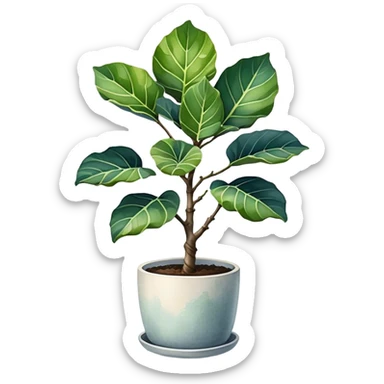 An elegant fiddle-leaf fig tree in a modern minimalist pot, painted in watercolor with realistic shadows and highlights. sticker