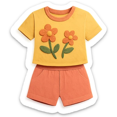 illustration of a women's short and tee shirt set with a floral pattern in paper-craft style sticker
