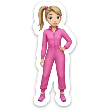 Woman dark blond hair ponytail pink  full body jumpsuit  sticker