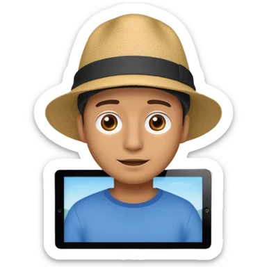 An iPad. On the iPad screen, a video is playing. The video shows a man talking to camera.  sticker