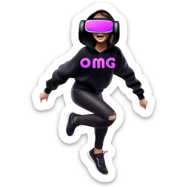 Russian girl wearing black hoody with violet letters "OMG", in vr headset oculus quest2. jumping. Cyberpunk style. Violet neon. sticker