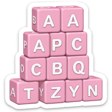three Light pink and white toy alphabet blocks stacked with different letters sticker