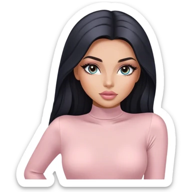 Glamours, tanned, very beautiful girl, with big pump peach-beige-rose lips, long long lashes, black straight smooth silky long hair, straight parting hair, blue-grey eyes in light pink long-sleeves bodysuit sticker