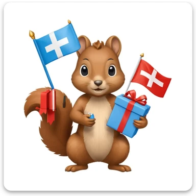 a squirrel holding a blue gift box in one hand and a Swiss flag in the other, both objects clearly visible, simple white background, the gift is a different color from the flag sticker