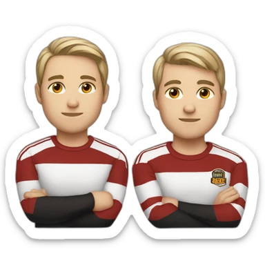2 white brothers brown eyes and hair using black and red stripes shirts sticker