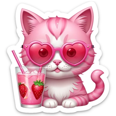 A bubblegum pink kitten with heart-shaped sunglasses, sipping a strawberry soda, surrounded by sparkles and summer vibes. sticker