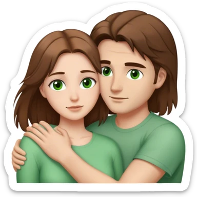 white couple with brown hair, man has short hair and brown eyes. woman has long hair and green eyes .they’re hugging each other  sticker