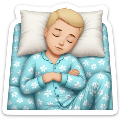 Emoji: A young man sleeping peacefully, lying on his side in a comfortable sleeping position. He wears soft, cozy pajamas, and the background is minimalistic, symbolizing rest and recharging energy. sticker