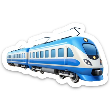A 3D cartoon sleek white bullet train on tA 3D cartoon passenger train with blue carriages and visible windows, moving through countryside, Memoji-style.racks, high-speed motion blur, clean lighting, Memoji-style realism. sticker