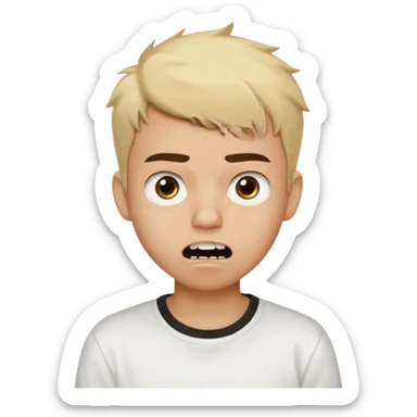Male Teenager with Short buzz, messy blonde hair, Dark brown bushy eyebrows large expressive golden-brown eyes, wearing a plain white t-shirt, Dark Brown skin color, Confused mouth gape showing teeth sticker