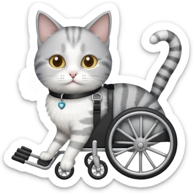 disabled grey and white cat using cat wheelchair sticker