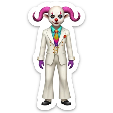 full-body demonic clown in a white leisure suit with bellbottom pants, bald, black ram horns, flashy belt, ruffled shirt, colorful tie, no elevator shoes sticker