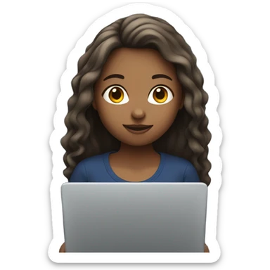 Girl IN DARK BLU SHIRT working with a laptop, NO PONY TAIL sticker