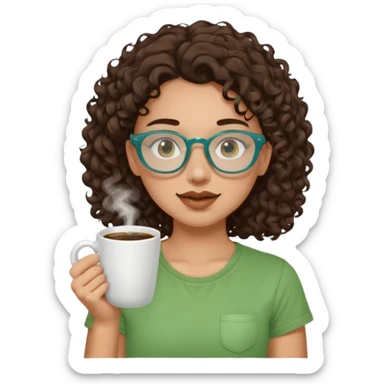 White girl with dark brown curly hair, brown eyes, sky blue glasses, nose piercing septum, green t shirt, drinking coffee from a cup sticker