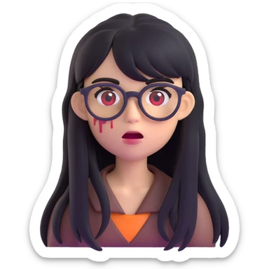 zombie girl with long black hair, bangs, and glasses, 3D emoji style sticker