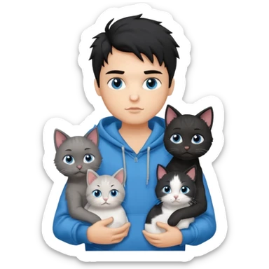 generate a pretty fair bratz boy with black messy hair holding 3 cats.  Wearing a grey hoodie sticker