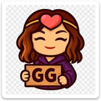 Create a chibi emote of the woman in the first reference image, in the style of the second reference image, holding a sign that says 'GG' sticker