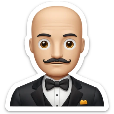 Robot with a square head, no hair, no pupils, thick moustache, wearing a tuxedo, buff sticker