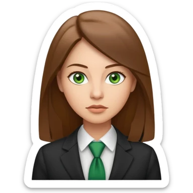 Adult woman avatar, light skin tone, oval face, straight long brown hair, green eyes, neutral mouth, business  sticker