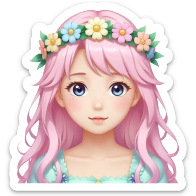 Shiny Gorgeous Pastel Anime Lady with blushing face and pretty hair with a flower crown pastelcore kawaii cottagecore fairycore aesthetic trending style sticker