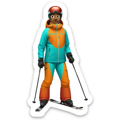 Skier wearing orange jacket and a red helmet and turquoise pants sticker