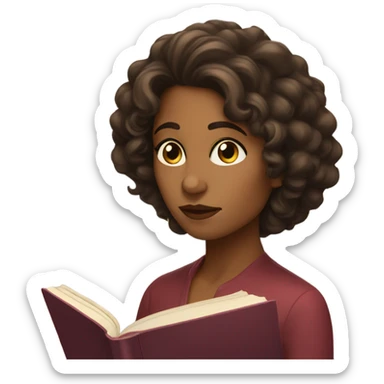 brunette curl mid length hair brown woman looking at a book cozy aesthetic sticker