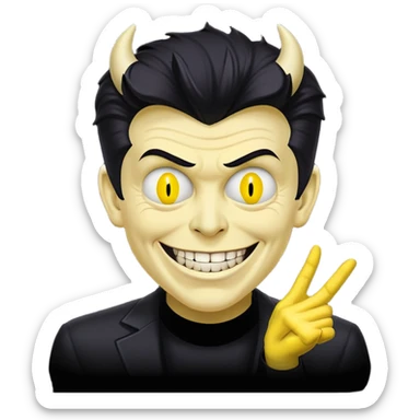 Rick Astley with a cursed demonic devious evil killer smile and Rick Astleys yellow and Rick Astley has no eyes with 3 lines of cursed ink coming out and the background is pitch black sticker