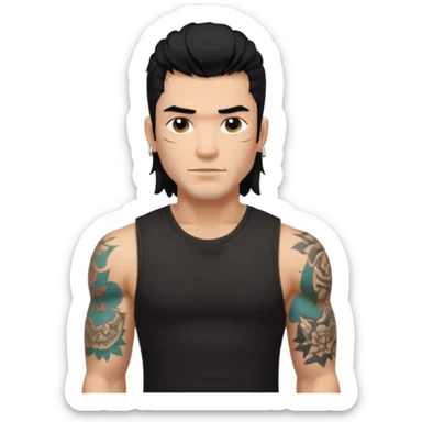 a guy with mullet and tattoos. Black hair.lean but Muscled. wearing a black sleeveless tee sticker