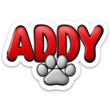 Bold bubble letters in Red color and outlined in black, Words ADDY and a paw print below sticker