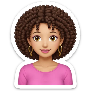 Naturally tan skin girl short darkBrown curly afropink shirt very long lashes hoop gold earrings Brown eyes gyaru smiling closed mouth cute sticker