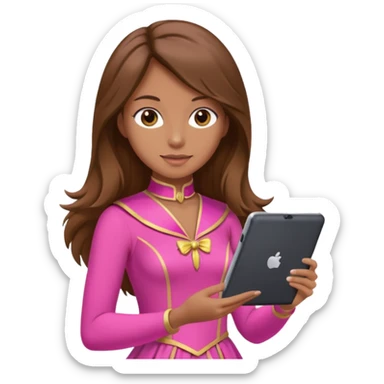 woman with brown long hair and pink costume with tablet sticker