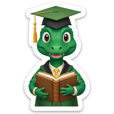 A claymation-style academic alligator with a book. The background is a solid white circle sticker