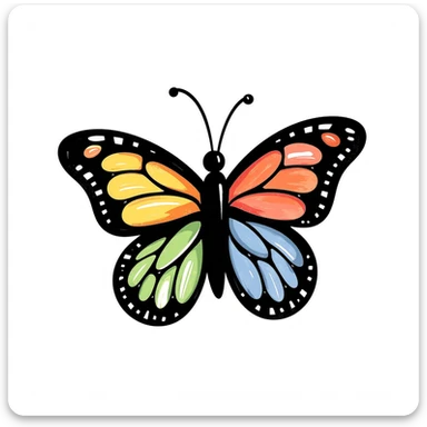 colorful butterfly in childlike crayon doodle style, centered, isolated on white background sticker