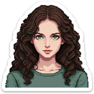 portrait of a woman with wavy dark brown hair and green eyes sticker