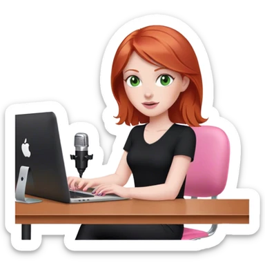 Redhead with green eyes sat at desk with pink MacBook and  podcast microphone black top and pink chair  sticker