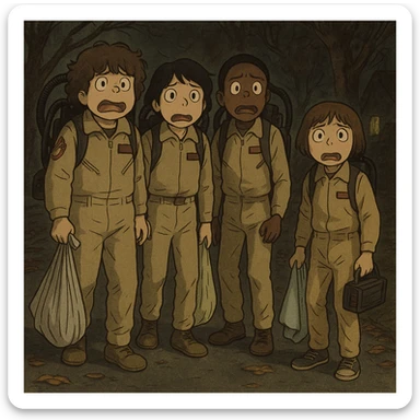 Dustin, Mike, Lucas and Will from Stranger Things dressed as Ghostbusters for Halloween, in Ghibli style with delicate strokes, thick dark contours, colored in pastel tones, with a slightly aged texture. Variation 2: all scared, dark street with fallen leaves. sticker