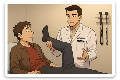 fai un webtoon manga a colori con questo stile, in cui un uomo è steso sul lettino medico e il kinesiologo con il camice bianco (fagli anche la scritta "ANTONIO ANANIA" SUL CAMICE, gli solleva una gamba per fargli il test neuromuscolare, IL KINESIOLOGO SPIEGA ALL'UOMO UNA cosa mentre gli alza la gamba. non fare i fumetti però, fai solo in modo che sembri stiano parlando sticker