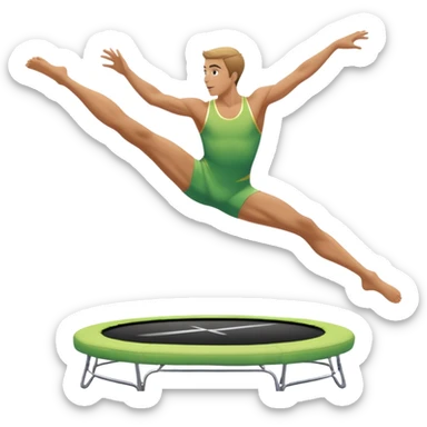 An athletic person soaring high above a trampoline, executing an acrobatic flip with perfect form. The scene captures motion and energy, with a dynamic pose, stretched limbs, and a focused expression. The background suggests a professional trampoline arena with safety padding. sticker