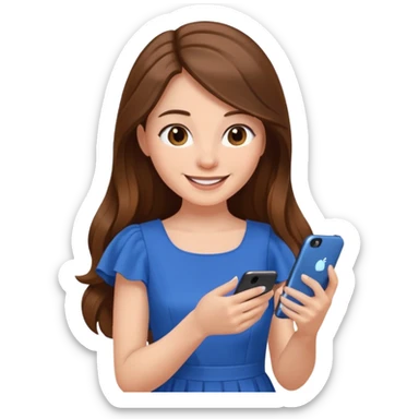 A woman with long her and a dress on her phone happy using an app sticker