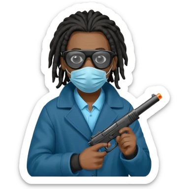 African American man with shoulder length black dreadlocks  wearing black sunglasses wearing a black bubble winter coat wearing a blue hospital mask covering mouth and nose  holding a Glock gun in hand sticker